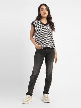 Water Efficient Wash Process Non Fade Fabric Women's 312 Black Straight Fit Mid Rise Jeans