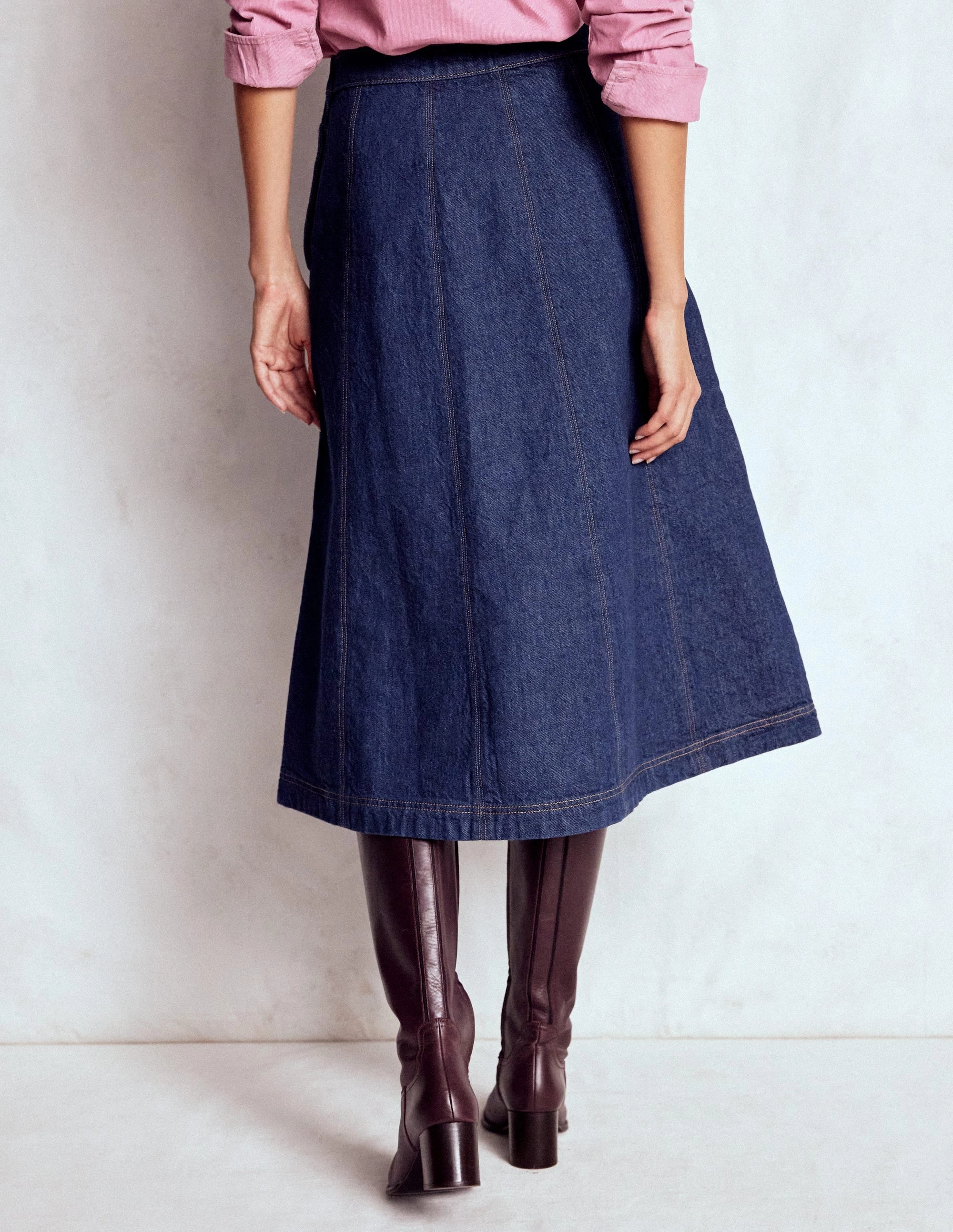Hypoallergenic fabric Linen blend Joy Panelled Denim Skirt-indigo