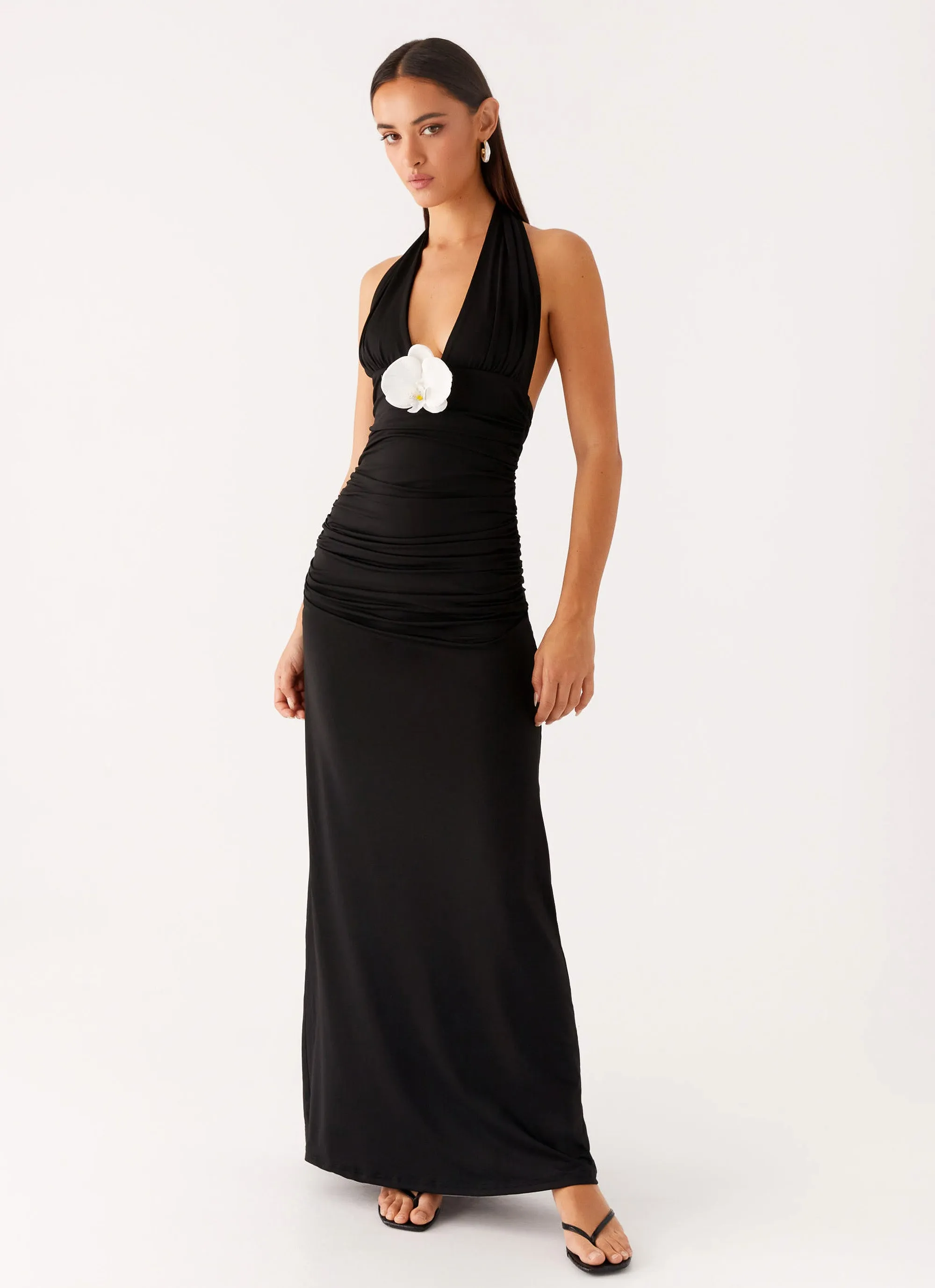 Elegant Flow Adalie Halter Neck Midi Dress - Black