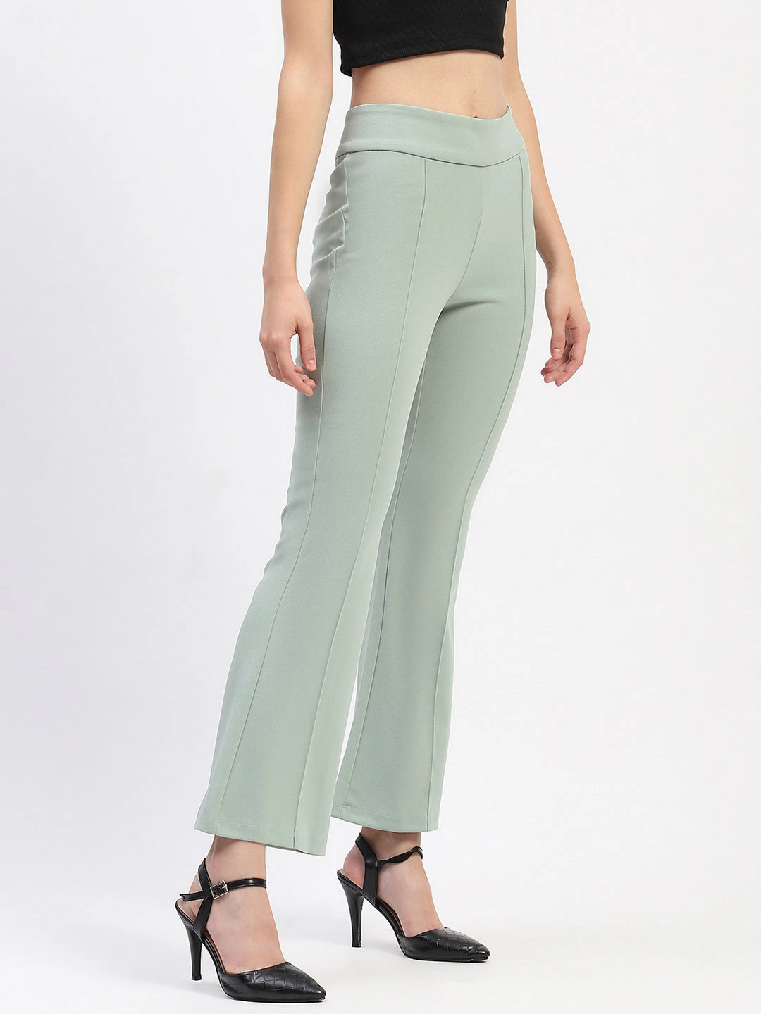 TemperatureRegulation Madame Pleated Elasticated Waist Solid Moss Green Trousers