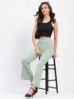 Anti Pilling Fabric Stain Repellent Coating Madame Pleated Elasticated Waist Solid Moss Green Trousers