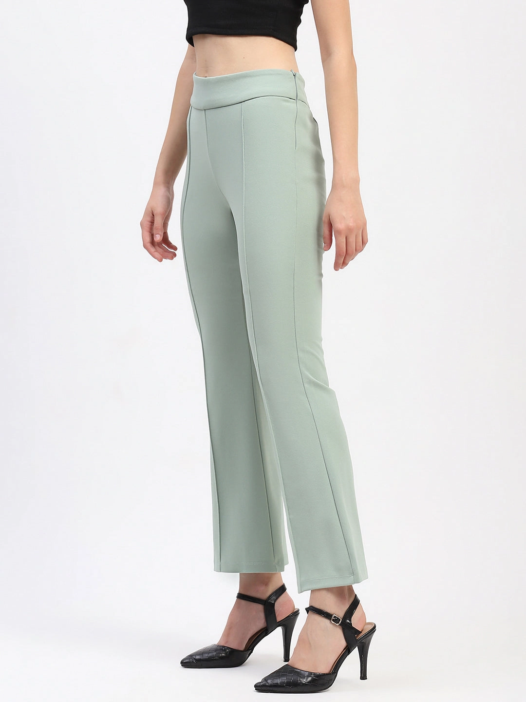 Quick Move Madame Pleated Elasticated Waist Solid Moss Green Trousers