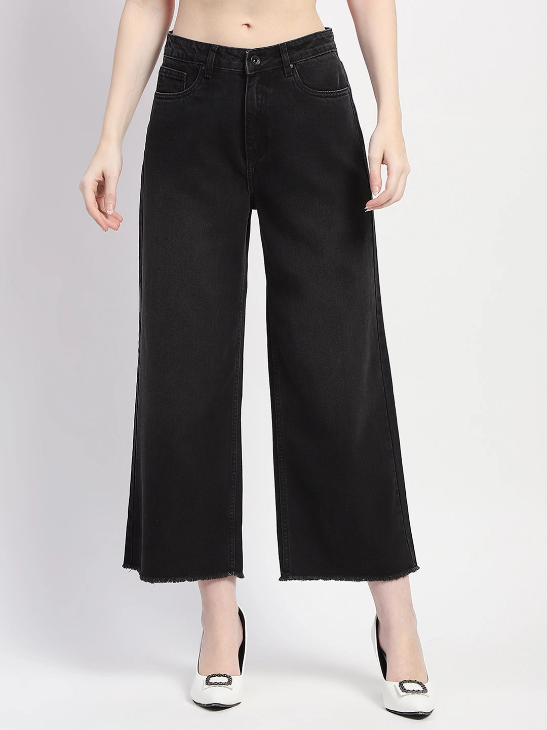 Madame Frayed Hem Black Flared Denim Relaxed Tailoring Lifestyle Piece