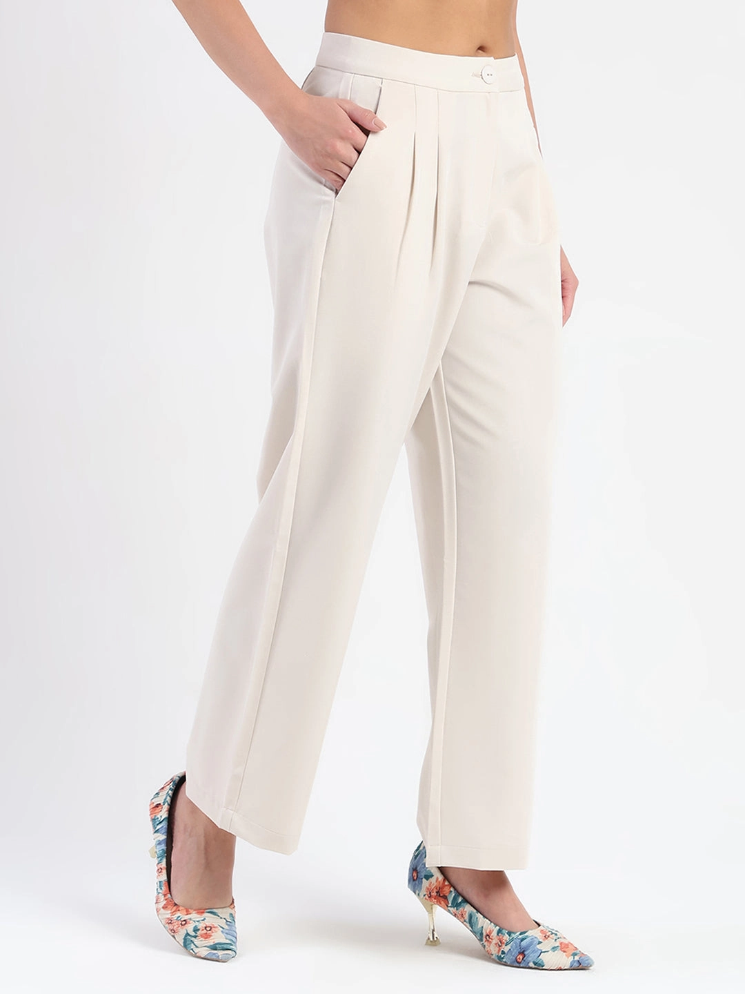 Madame Pleat Detailed Solid Beige Straight Trousers Anti Pilling Textile