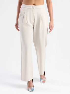 Casual Comfort Fit No Fuss Madame Pleat Detailed Solid Beige Straight Trousers