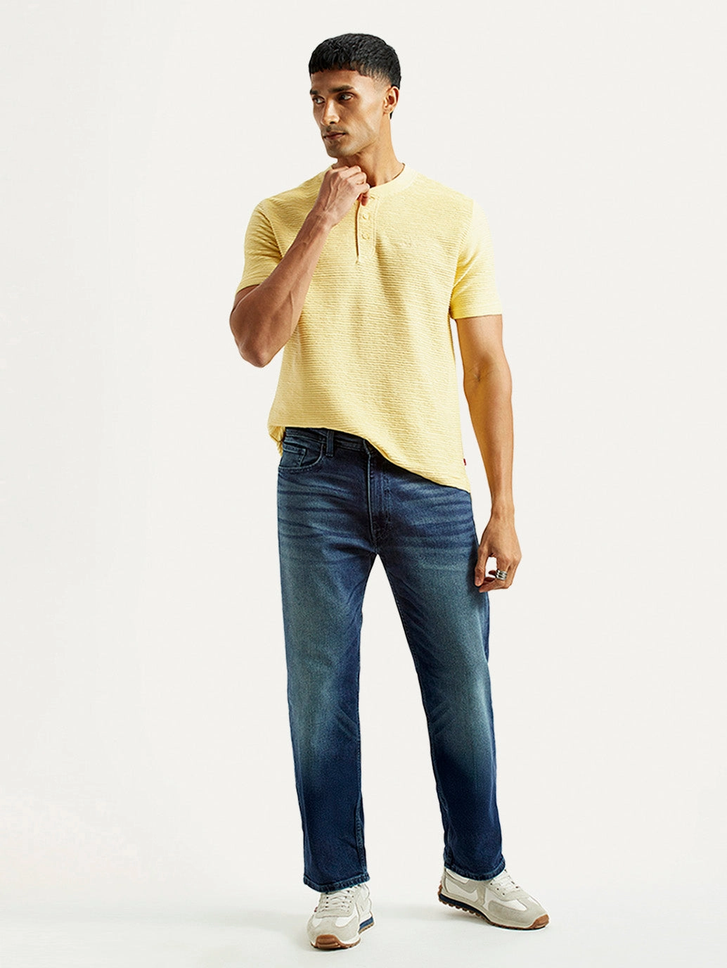 Men's 555 Blue Relaxed Straight Fit Mid Rise Jeans Casual Friday Parent Style Travel Outfit Core Fit