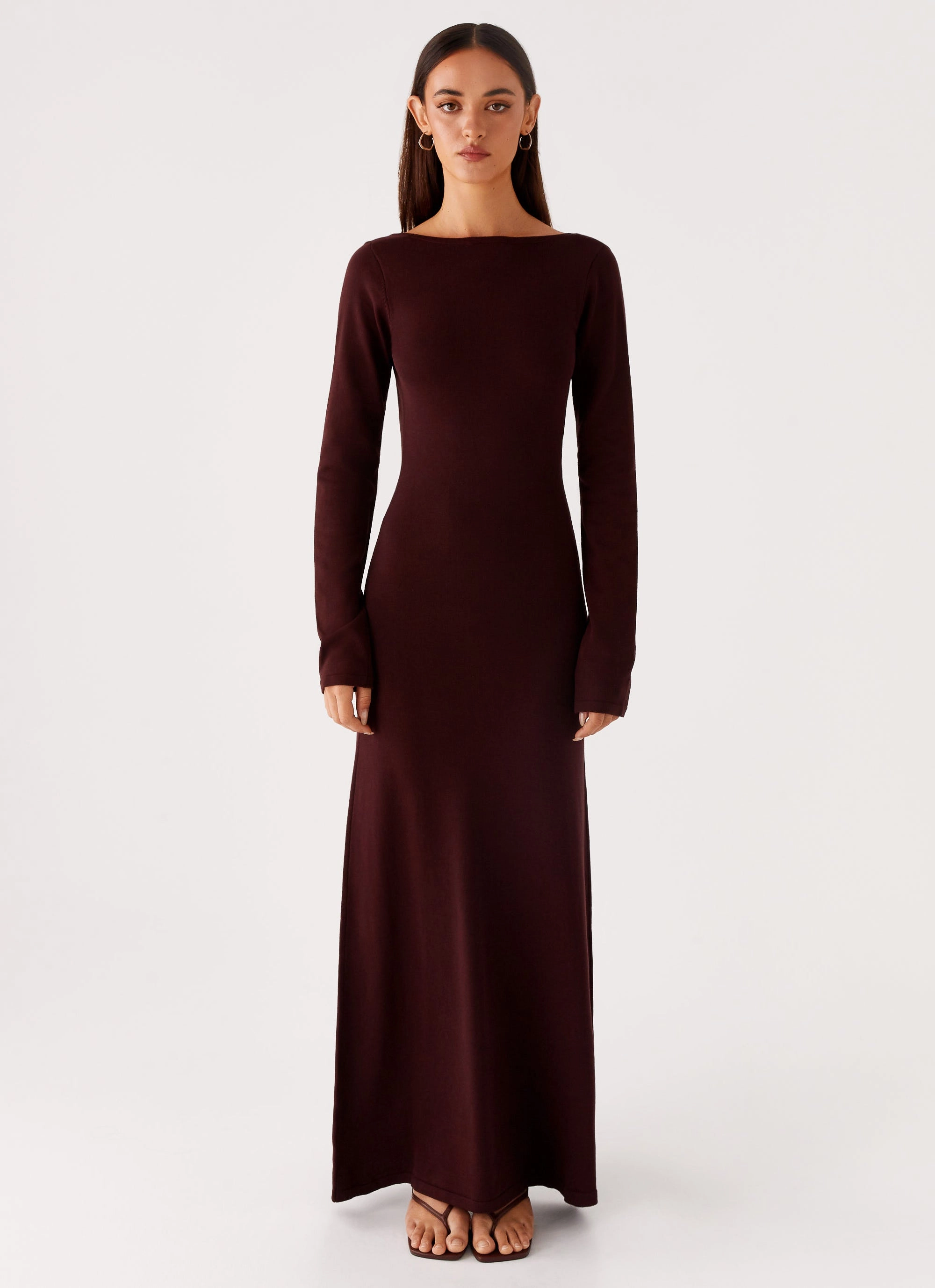 Adora Long Sleeve Knit Maxi Dress - Chocolate Off-Shoulder