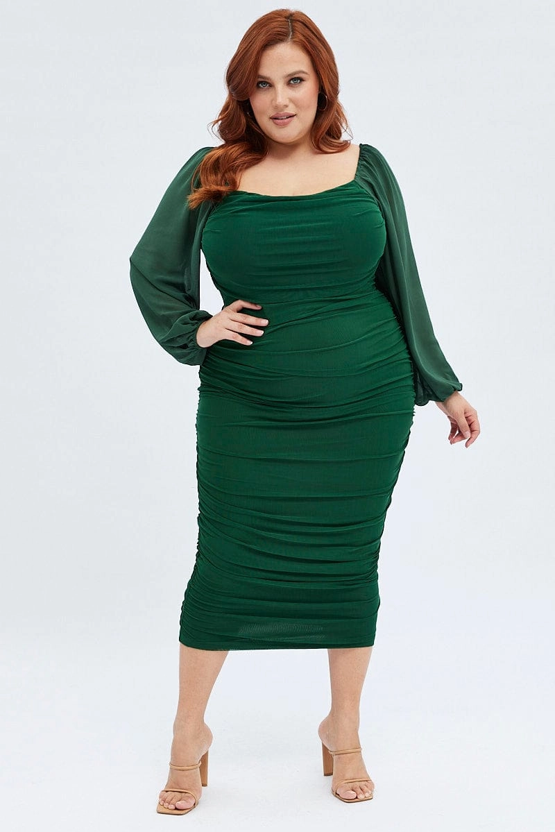 Striped-Pattern Green Bodycon Dress Mesh Balloon Sleeve Ruched Midi