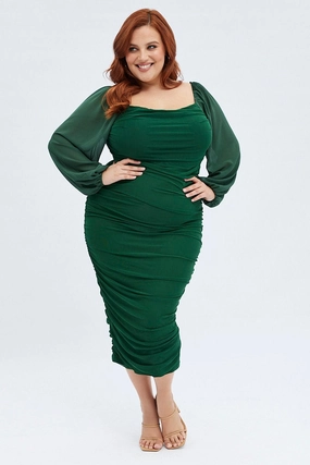 Fitted Design Green Bodycon Dress Mesh Balloon Sleeve Ruched Midi