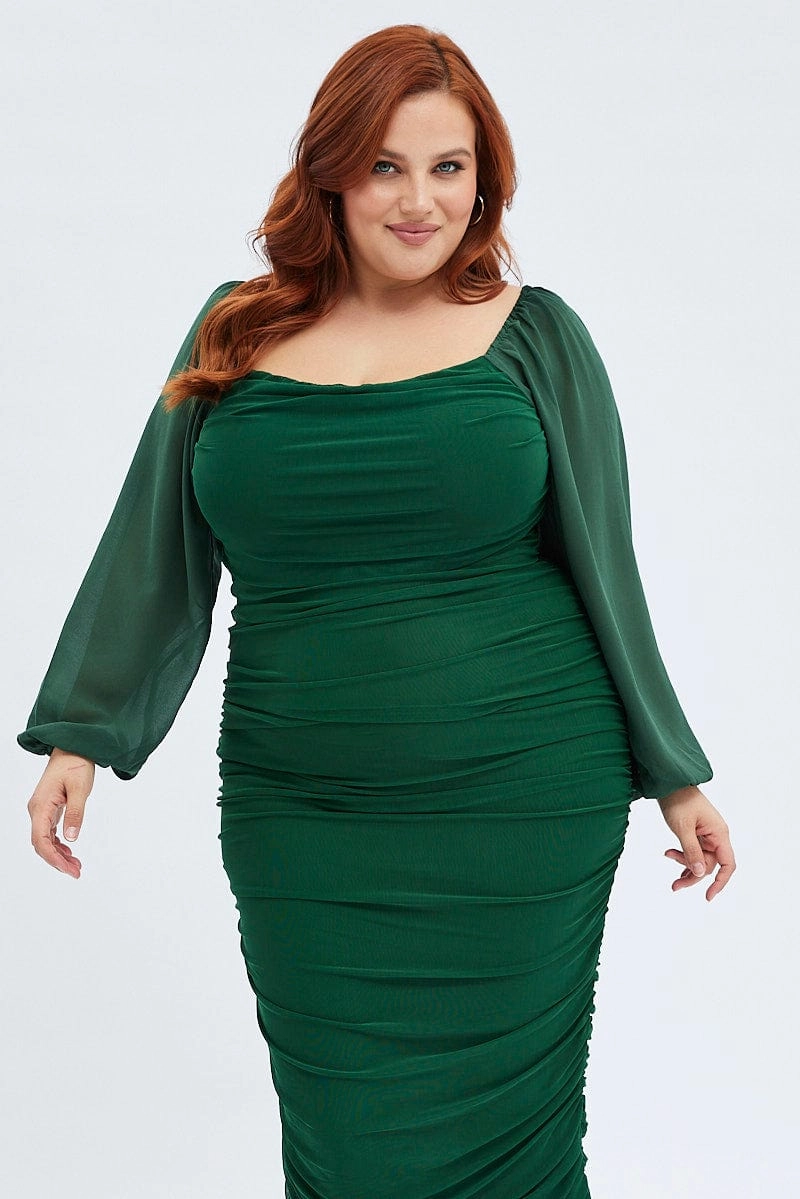 Modern and Feminine Sophisticated Cut Green Bodycon Dress Mesh Balloon Sleeve Ruched Midi