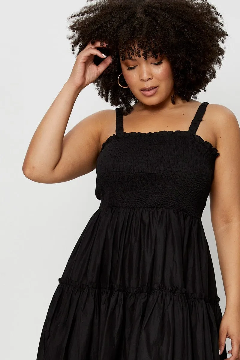 Black Midi Dress Square Neck Sleeveless A Line Cut