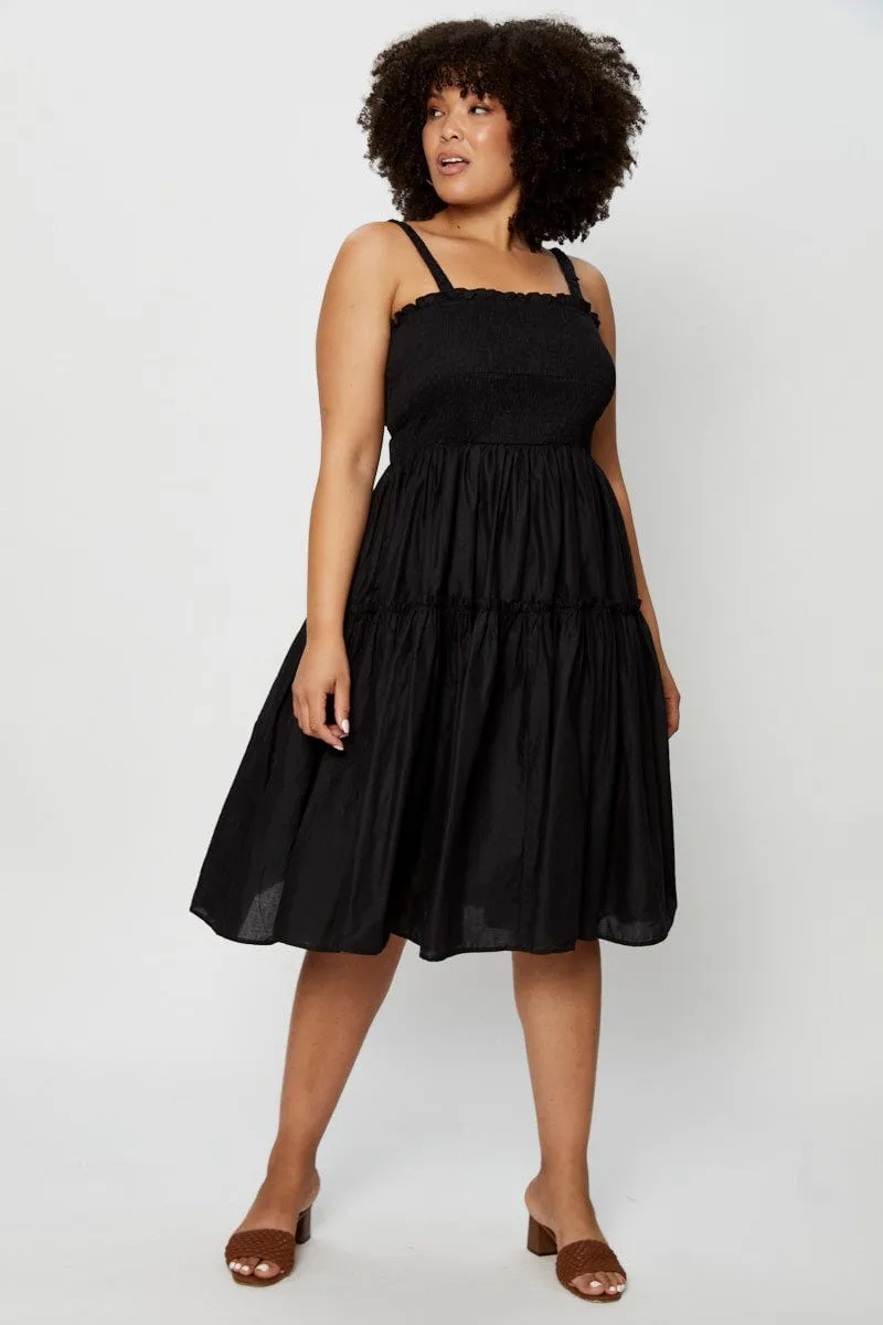 Sleek Flex Playful design piece Black Midi Dress Square Neck Sleeveless