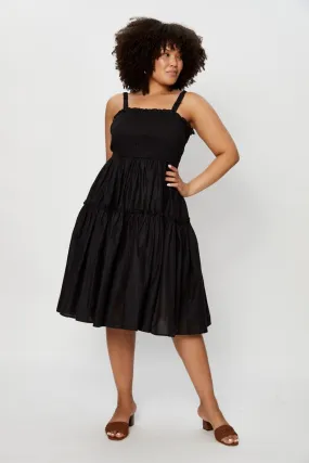 Patterned-Fabric Black Midi Dress Square Neck Sleeveless