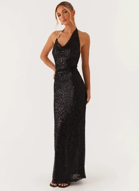 Fresh Palette After Tonight Sequin Cowl Neck Maxi Dress - Black
