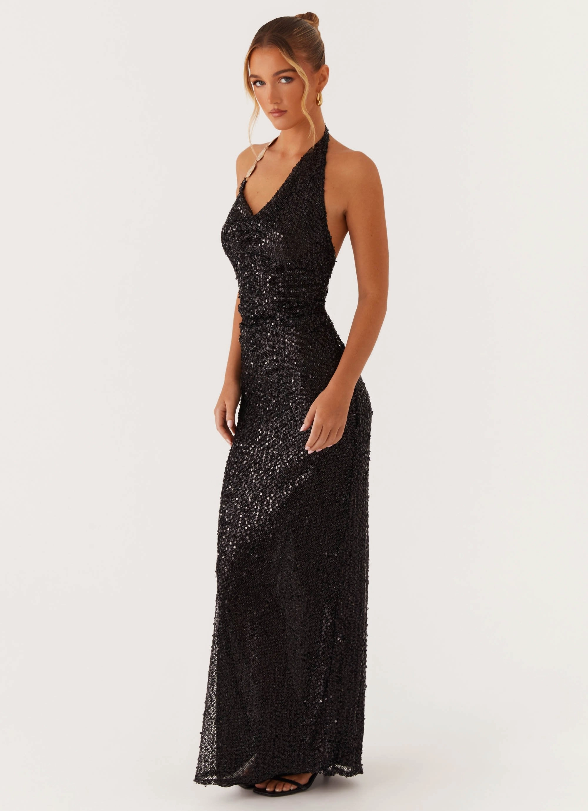 Satin Touch After Tonight Sequin Cowl Neck Maxi Dress - Black