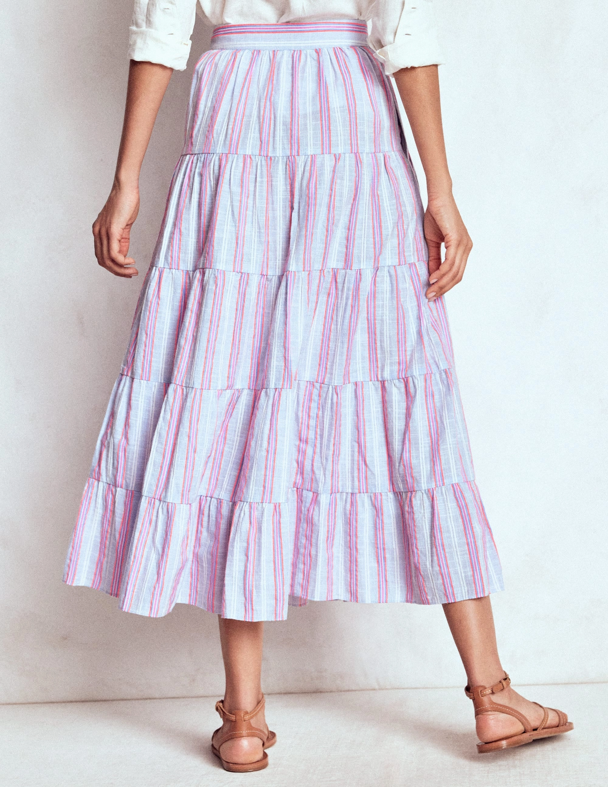 Modern Design Tiered Poplin Midi Skirt-Metallic Stripe