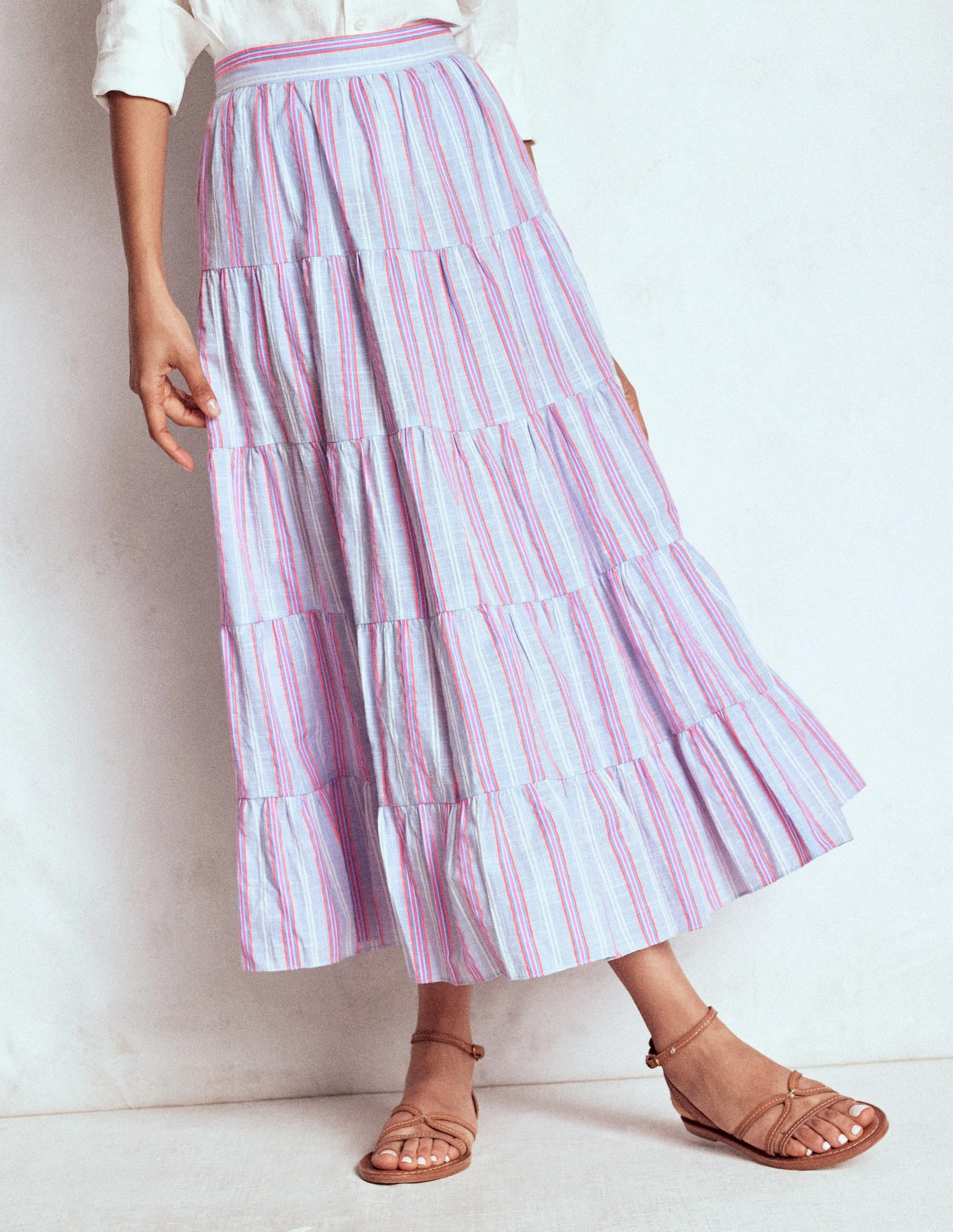 Outfit Moodboard Soft Combo Tiered Poplin Midi Skirt-Metallic Stripe