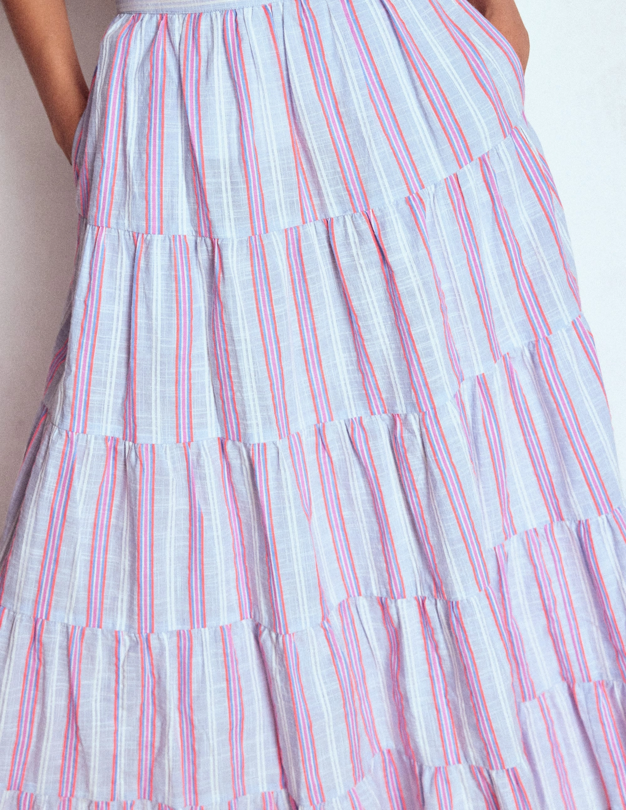 Tiered Poplin Midi Skirt-Metallic Stripe Frayed Finish Relaxed Vibe