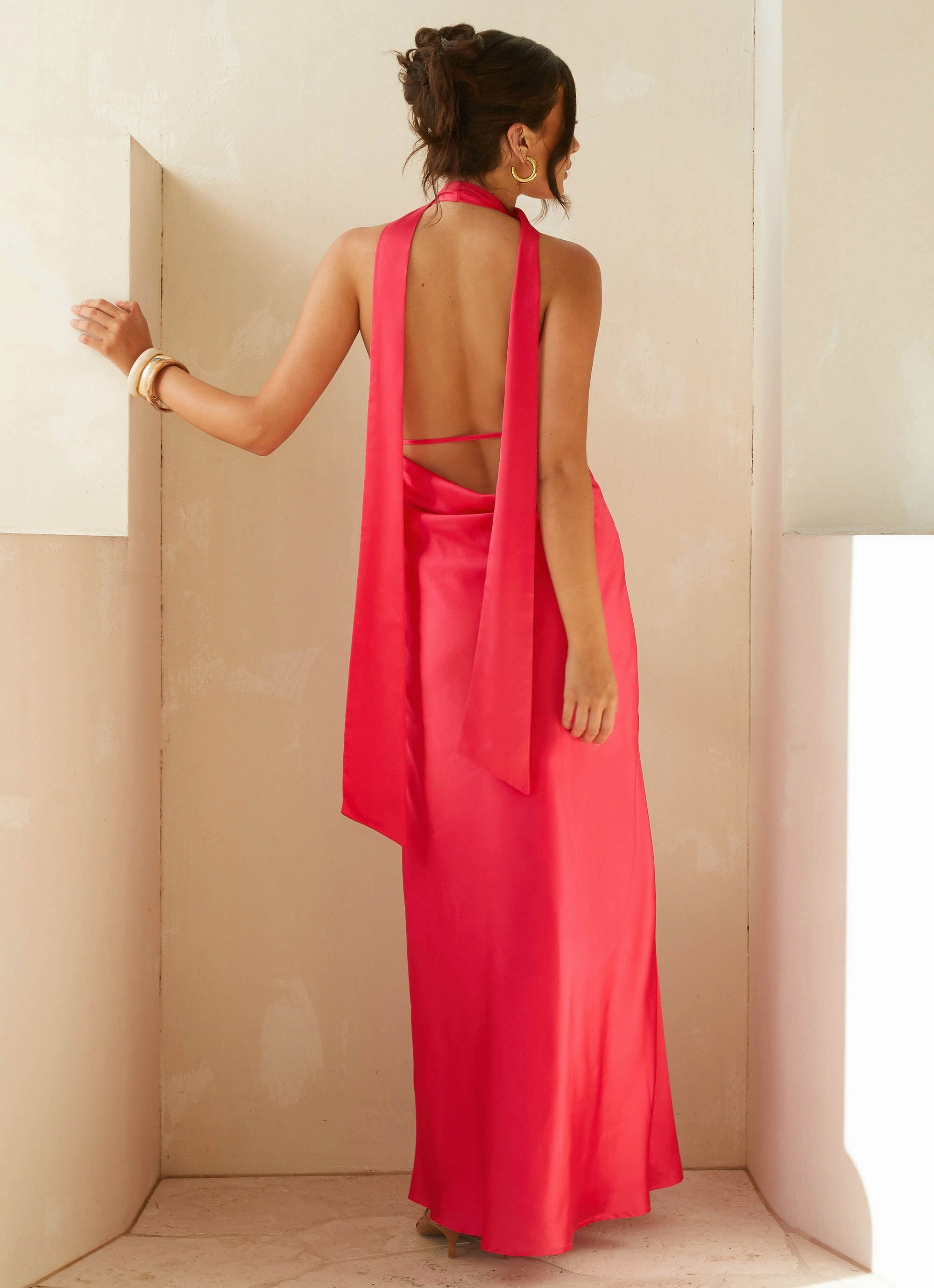 Effortless Tailoring Alicia Satin Halter Maxi Dress - Fuchsia