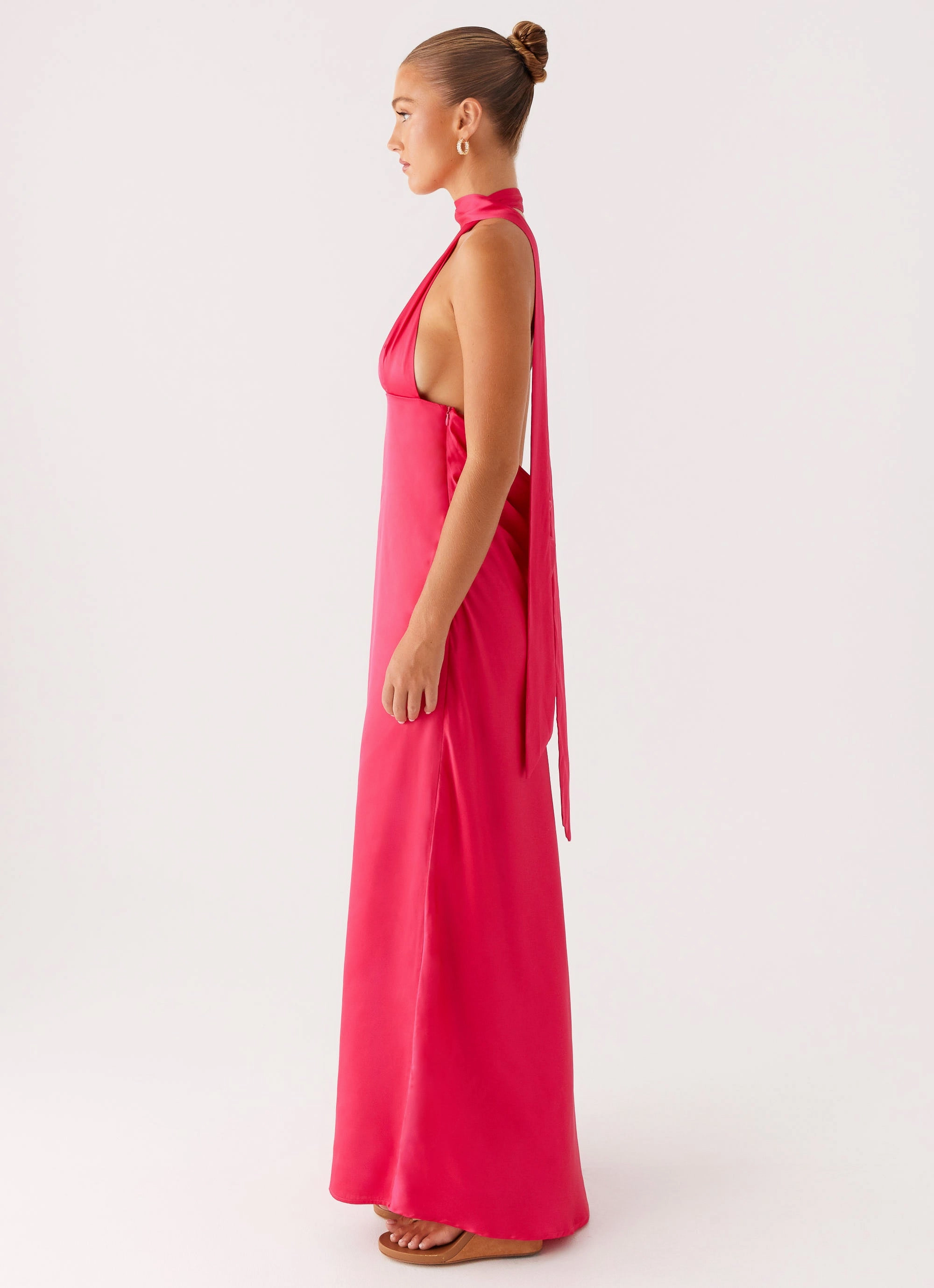 Alicia Satin Halter Maxi Dress - Fuchsia sweet moment Lace Accent