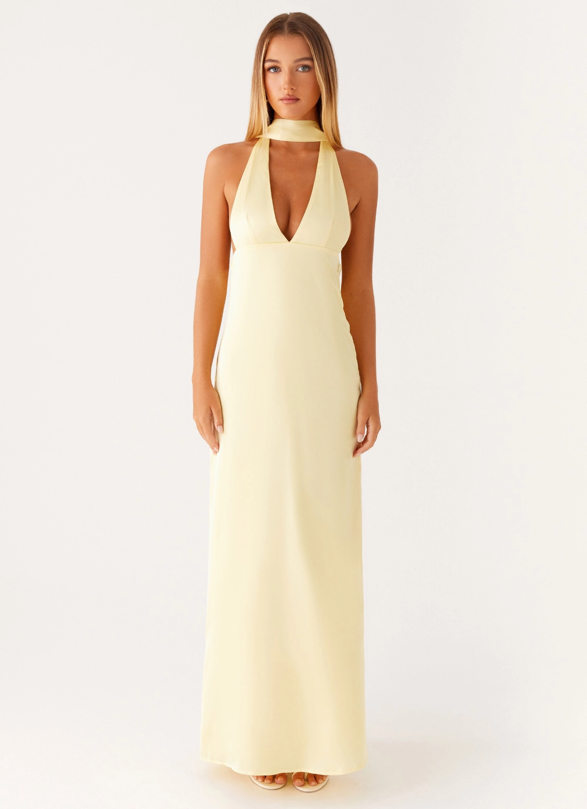 Alicia Satin Halter Maxi Dress - Yellow Summer Ready Clean Mood