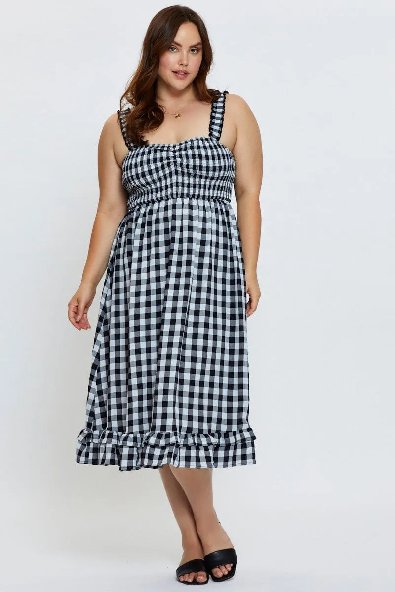 Smooth Blend Check Midi Dress Square Neck Sleeveless