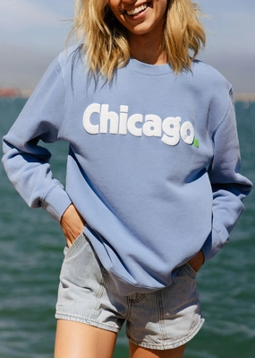 Warm And Comfortable Crew Neck Design Chicago. Crewneck Sweatshirt - Blue & White