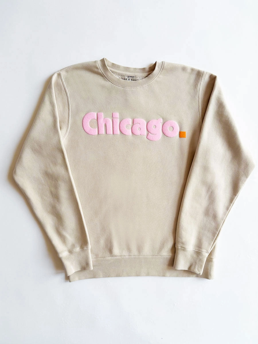 Chicago. Crewneck Sweatshirt - Ivory & Pink Roomy Waist Cozy Knit Design