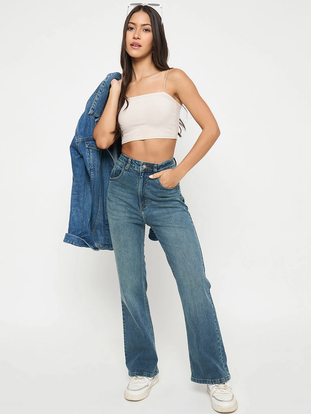 Urban Style Madame Whiskered Stone Wash Mid Blue Jeans