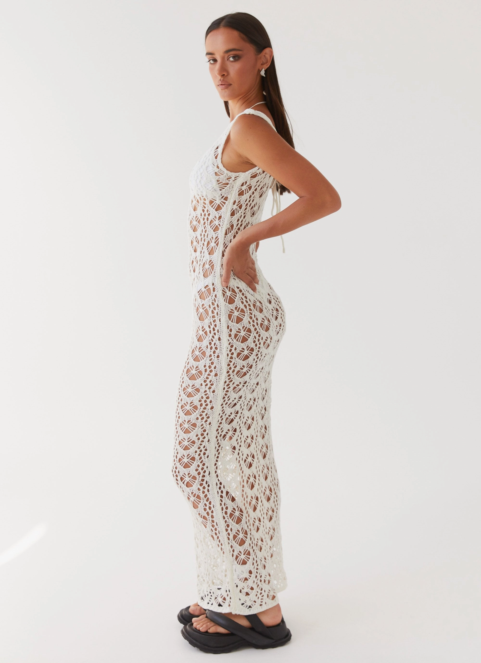 Calm Drape Elegant Piece Tarlisa Crochet Maxi Dress - Cream