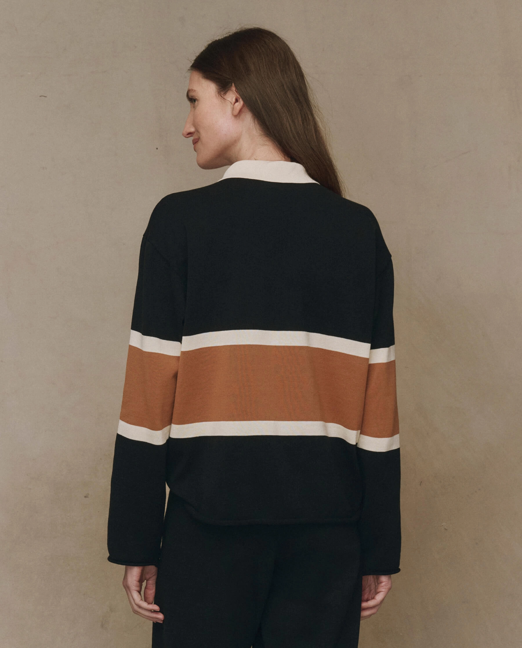 Urban Style Slim Fit Design The Rugby Sweater. Novelty -- Black with Bronze Stripe