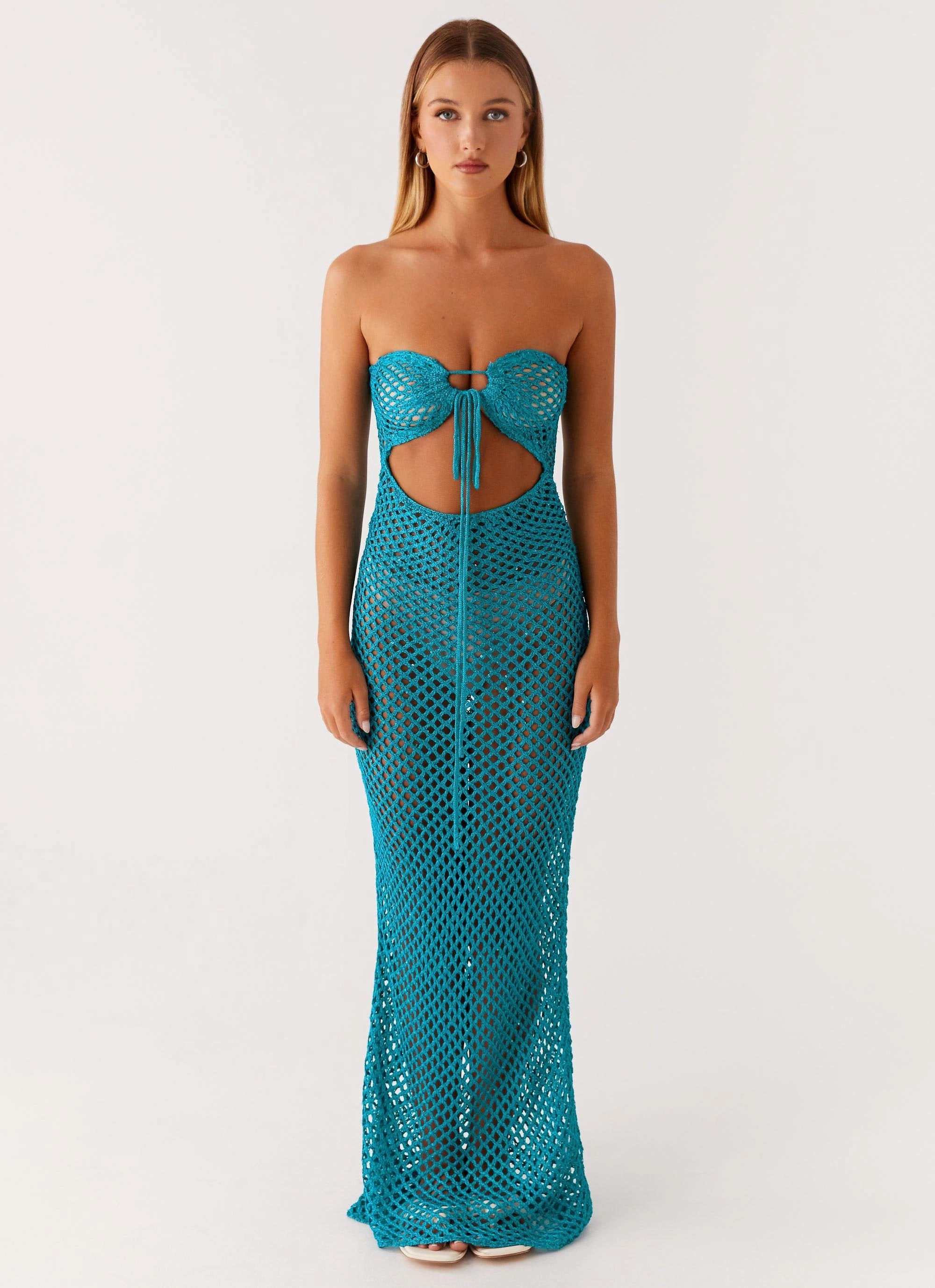 Sun Kissed Crochet Maxi Dress - Blue Easy to Wear Button Accent