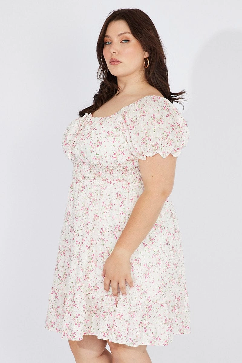 White Floral Fit And Flare Dress Short Sleeve Ruched Bust Vintage Style Evening Glow