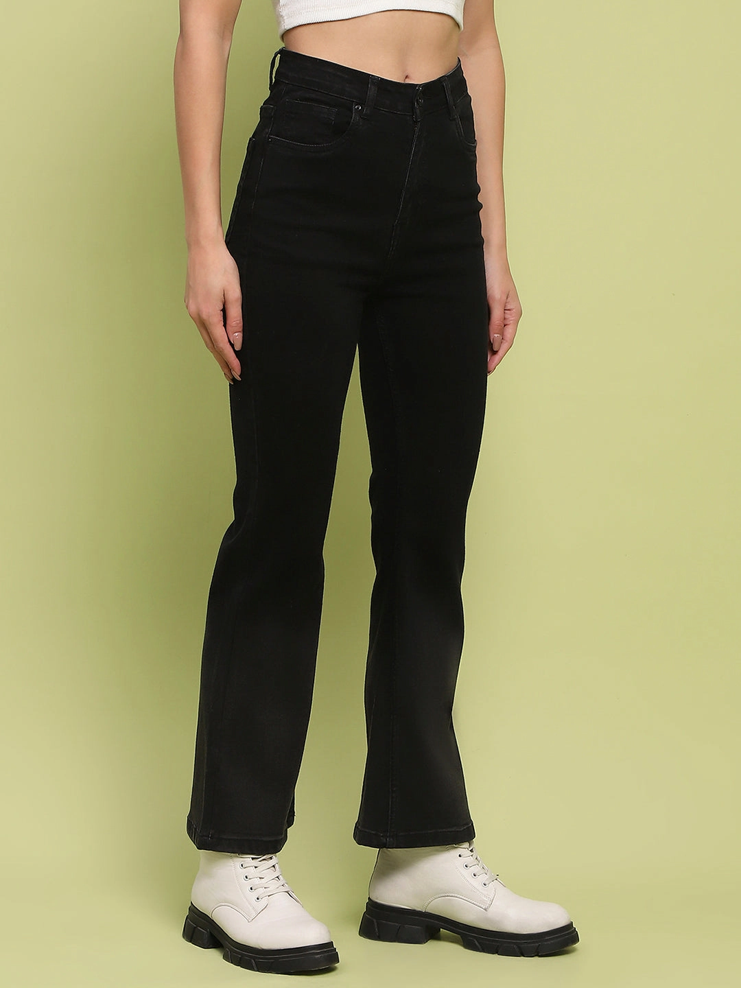 Madame Cotton Blend Black Flared Denim Jeans Neutral Casual Streetwear Fan