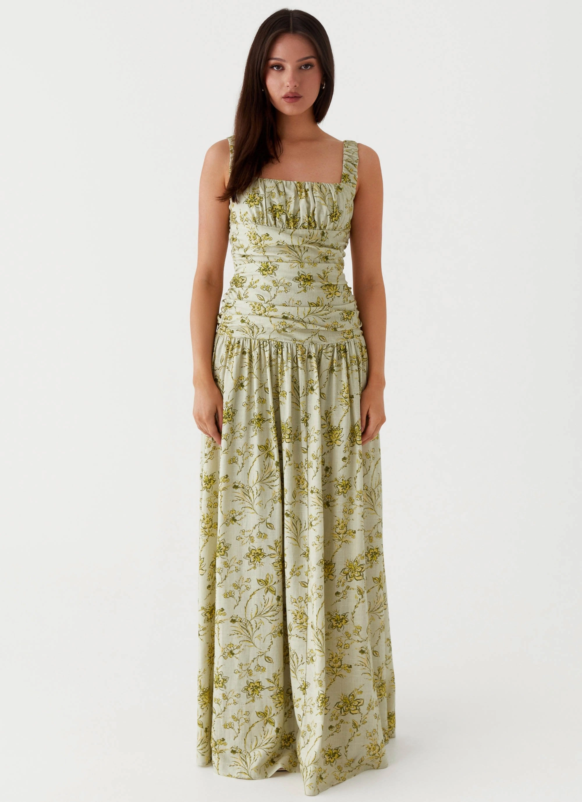 Romantic Soft Front-Zip Zinna Linen Maxi Dress - Sage Floral