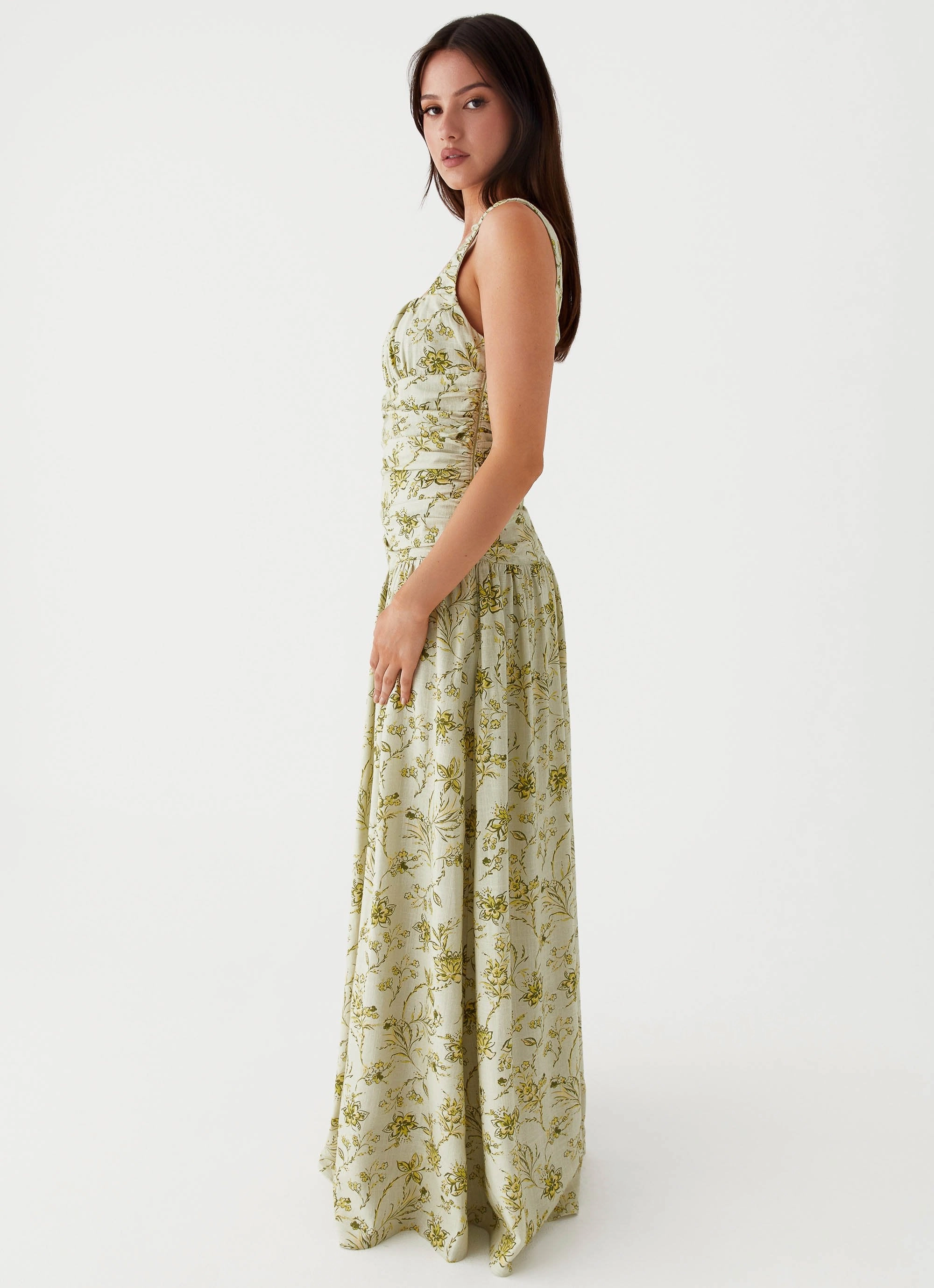 Zinna Linen Maxi Dress - Sage Floral Work Comfort Wave Soft