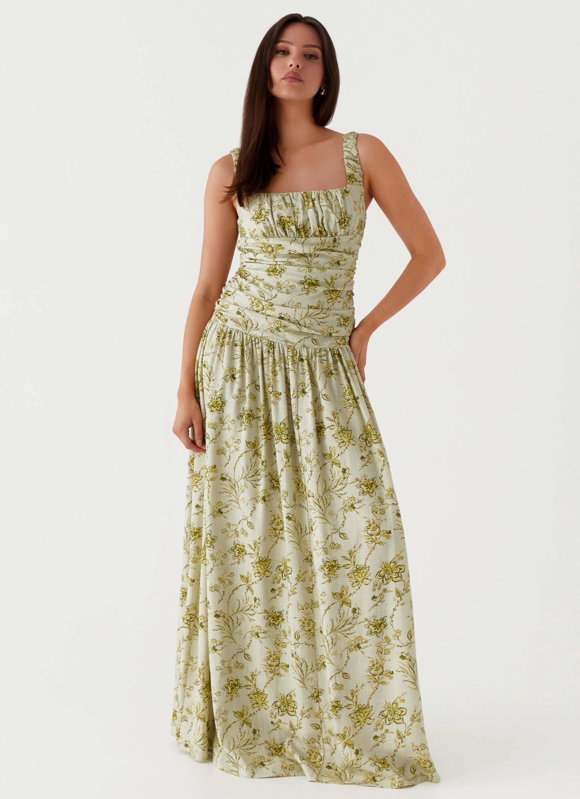 Velvet-Sleeve Zinna Linen Maxi Dress - Sage Floral