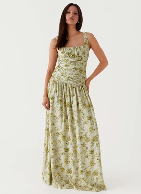 Velvet-Sleeve Zinna Linen Maxi Dress - Sage Floral