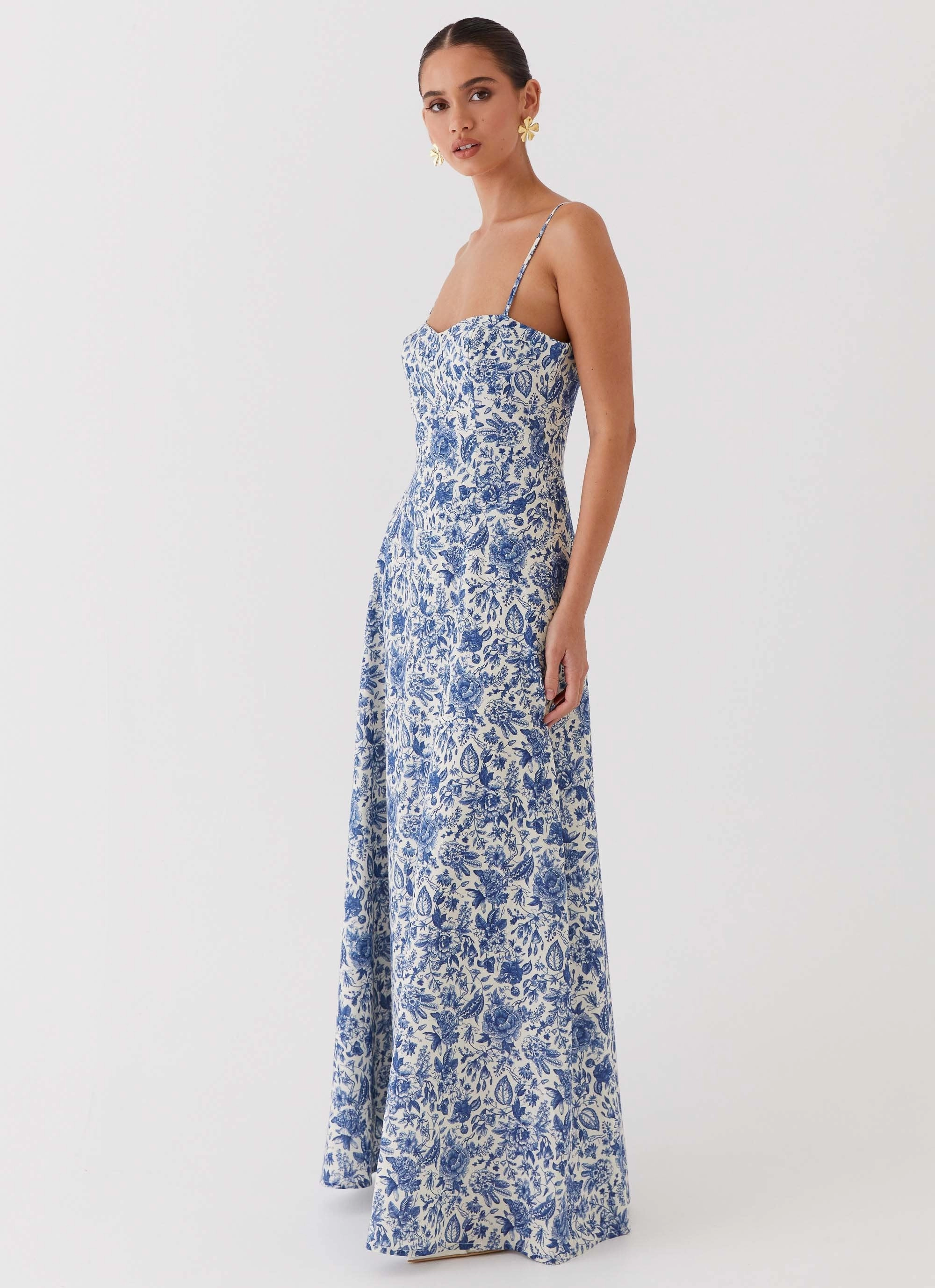 Hidden Pocket Angelina Linen Maxi Dress - Blue Paisley