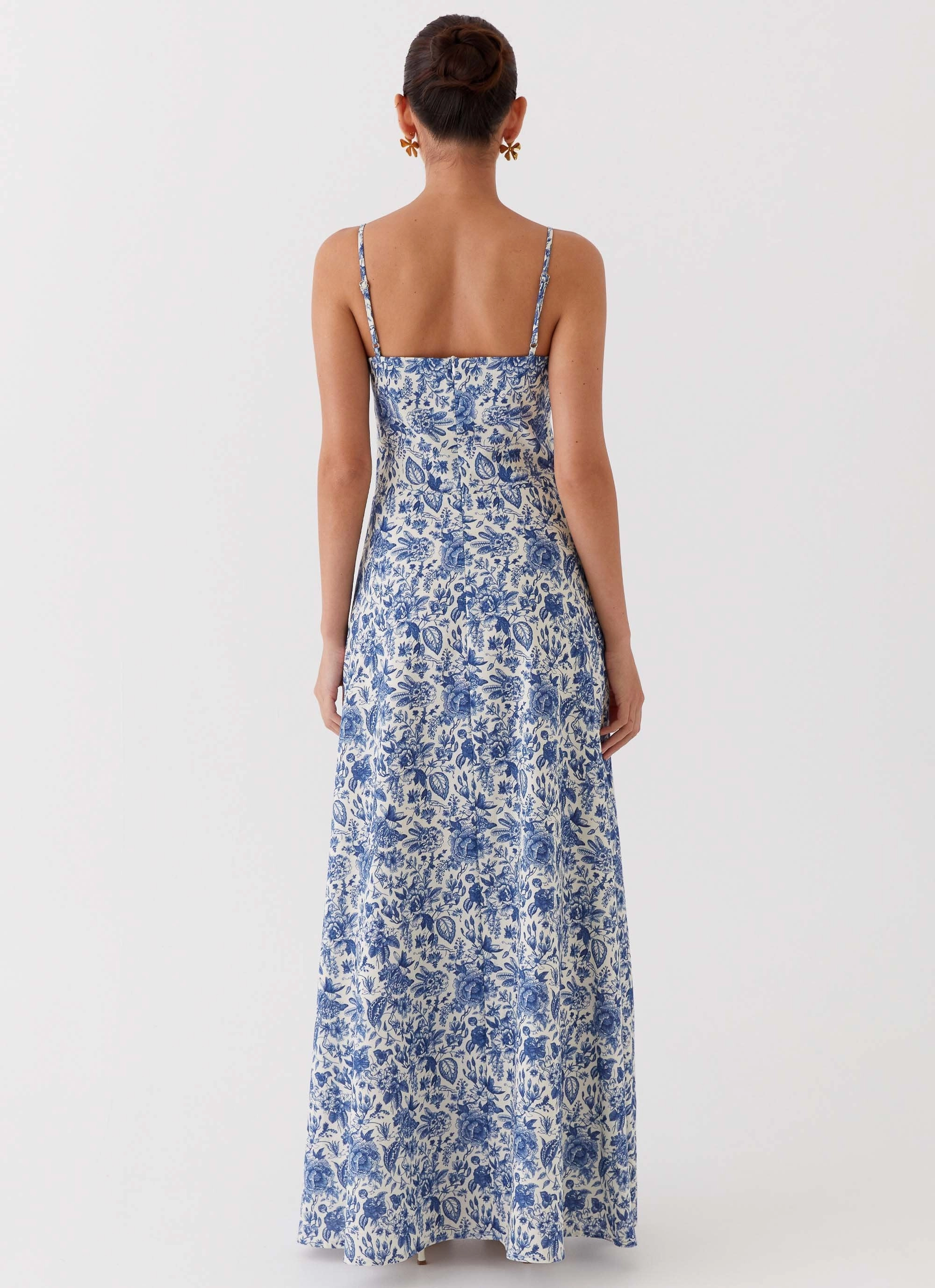 Angelina Linen Maxi Dress - Blue Paisley Asymmetric-Neck Smart Detail