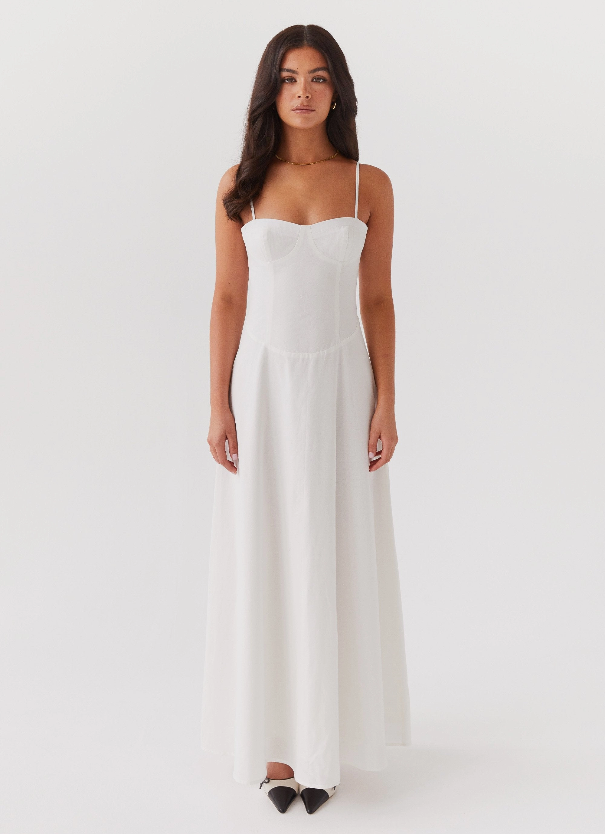 Drawstring-Waist Angelina Linen Maxi Dress - White