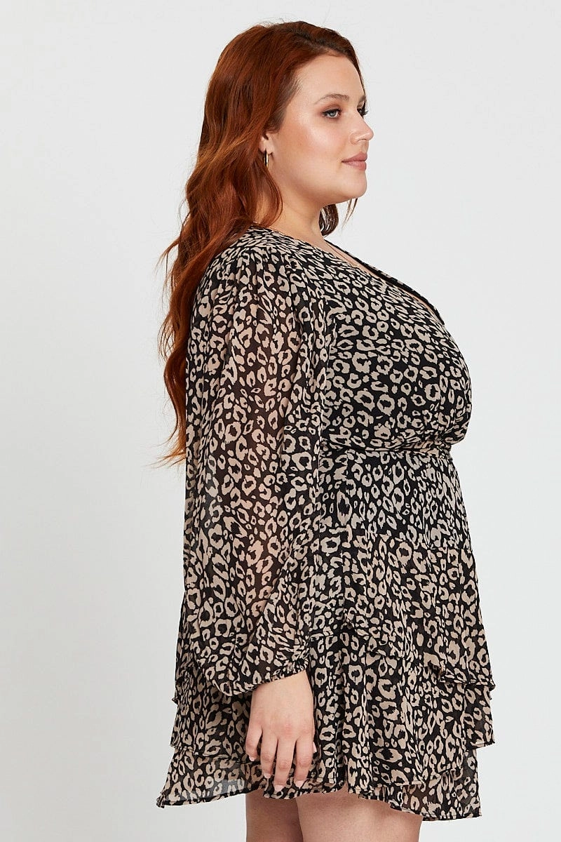 Flattering Fit for All Timeless Waistband Fit Animal Print Long Sleeve Frill Hem Leopard Skater Dress