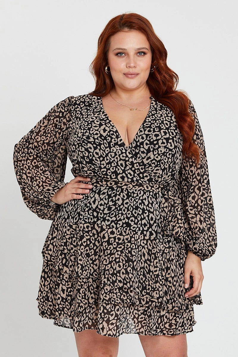 Animal Print Long Sleeve Frill Hem Leopard Skater Dress Life Soft Machine-washable