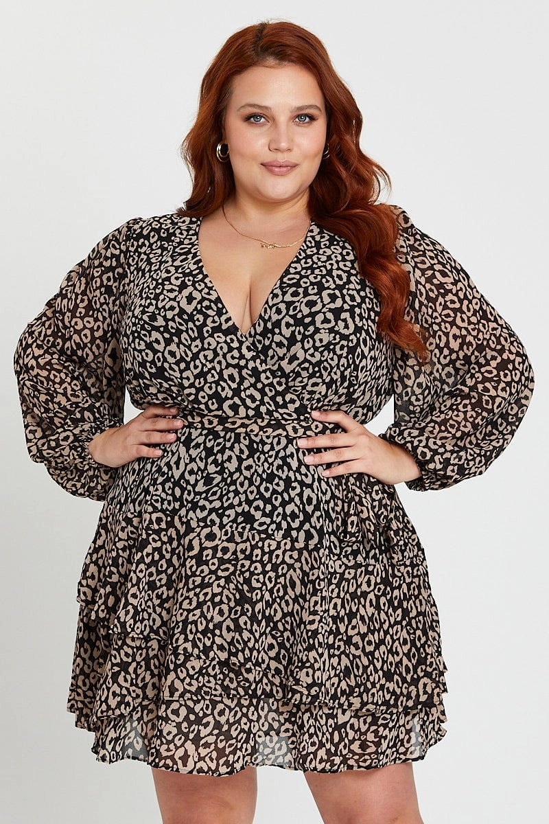 Animal Print Long Sleeve Frill Hem Leopard Skater Dress Matte-Lining Fall Outfit