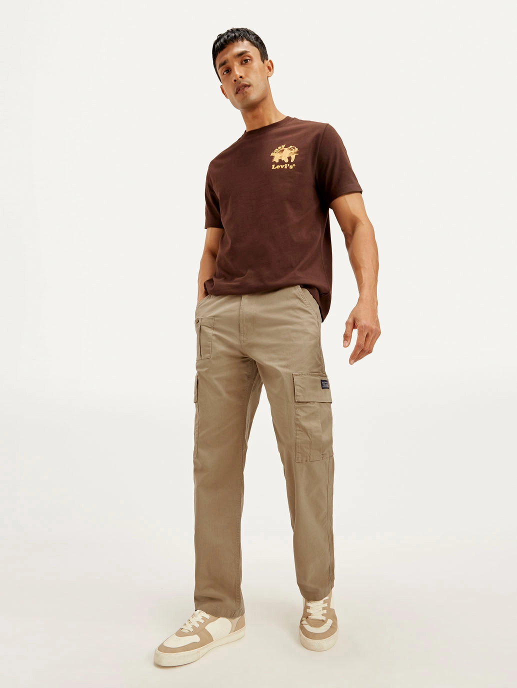 Stretchy Waist Light Fit Wear Men's Brown Loose Fit Cargo Trousers