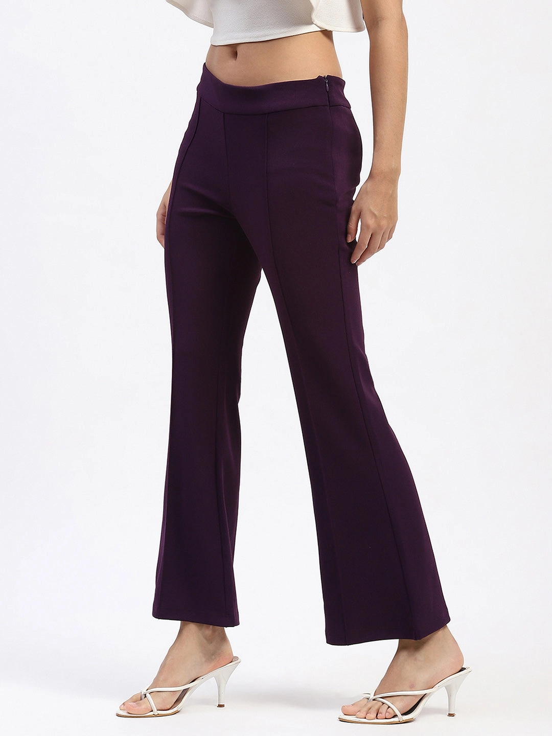 Madame Single Pleated Purple Flared Trousers Stretch Motion CompressionSupport