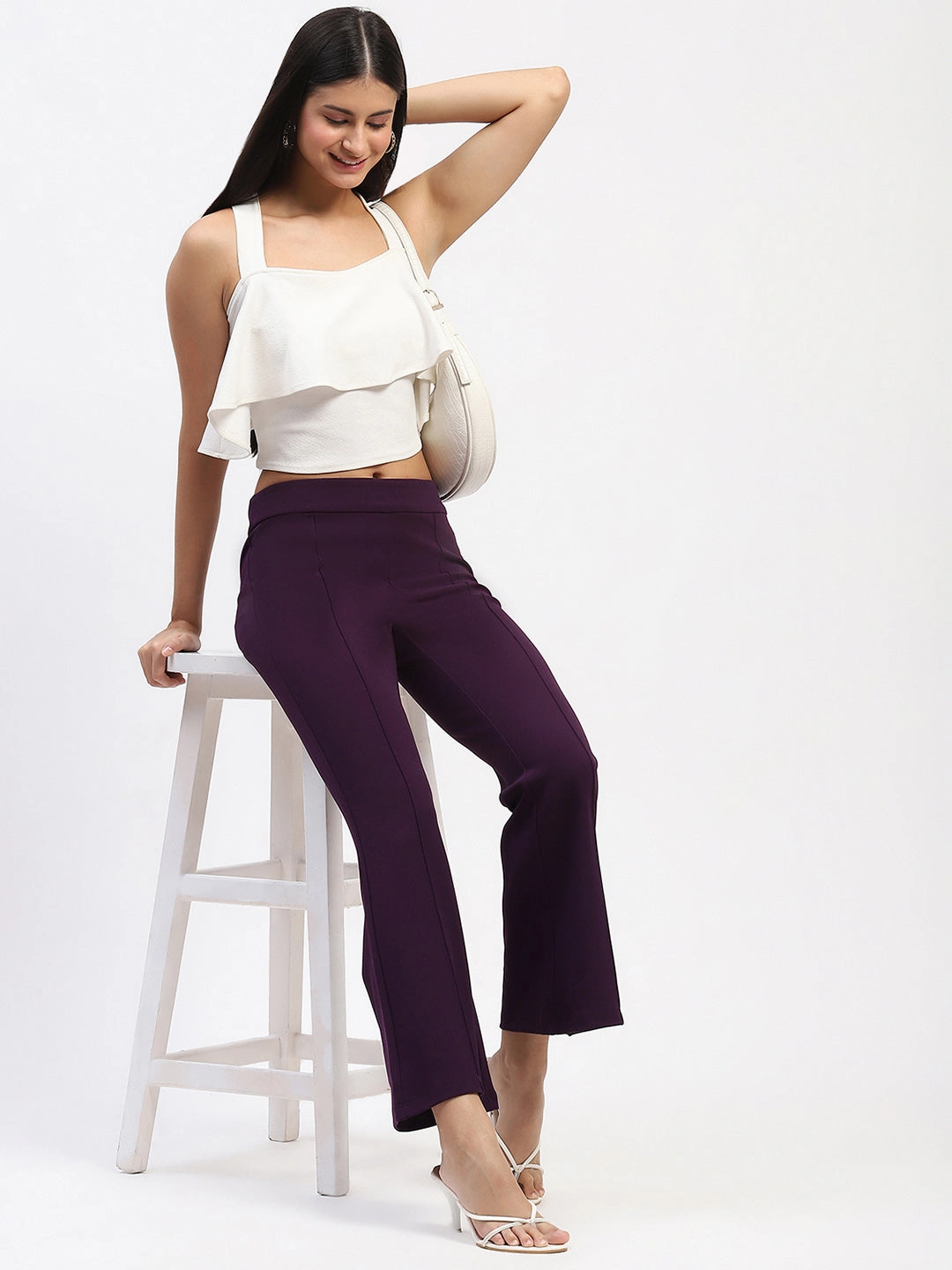Casual Active Wear Tough Style Madame Single Pleated Purple Flared Trousers