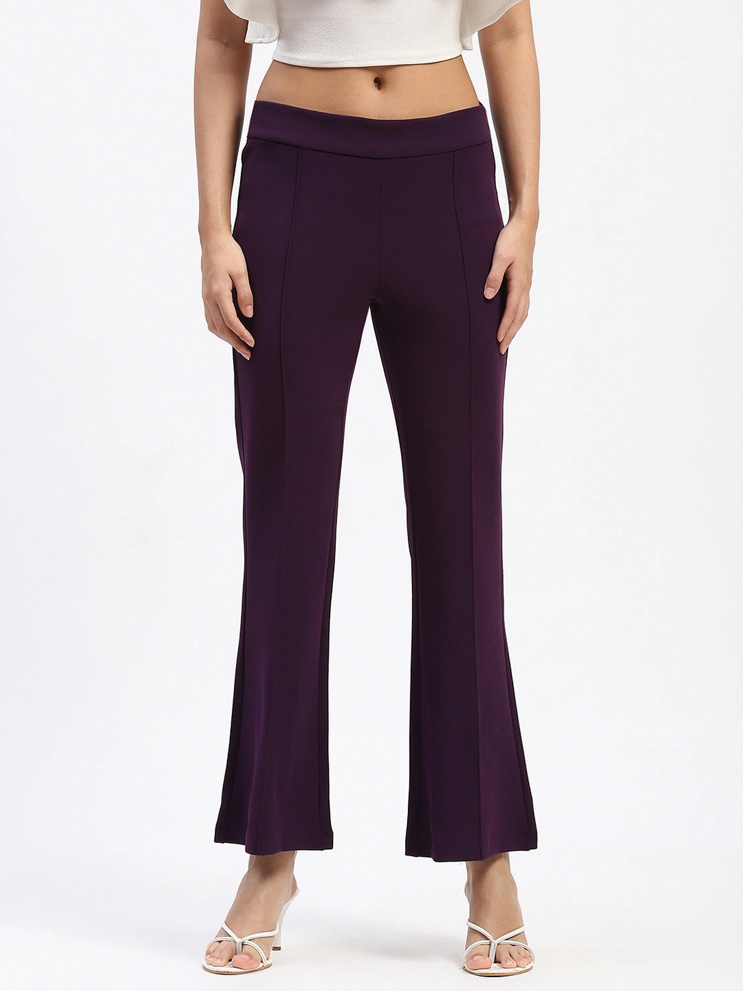 Madame Single Pleated Purple Flared Trousers Durable Seam Construction