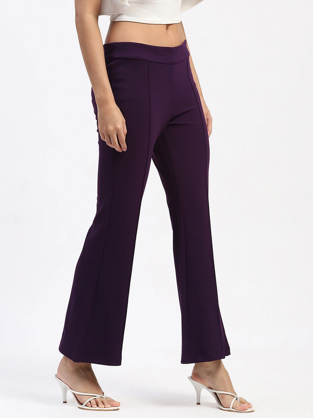 Madame Single Pleated Purple Flared Trousers Stain Resistant Weave