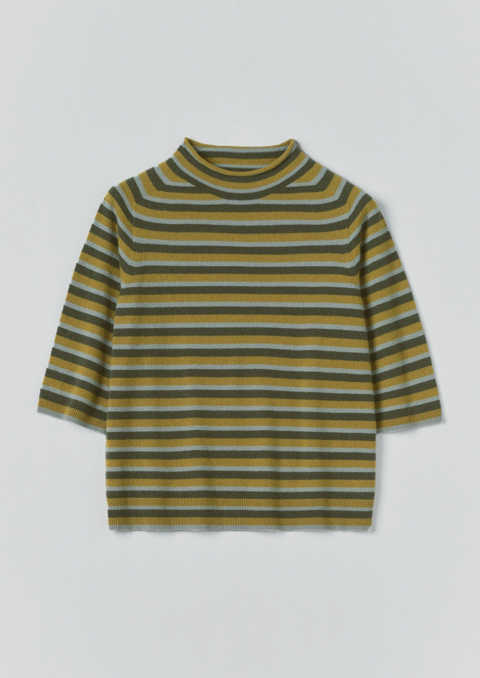Non Restrictive Collar Stripe Wool Cashmere Half Sleeve Sweater | Green Multi